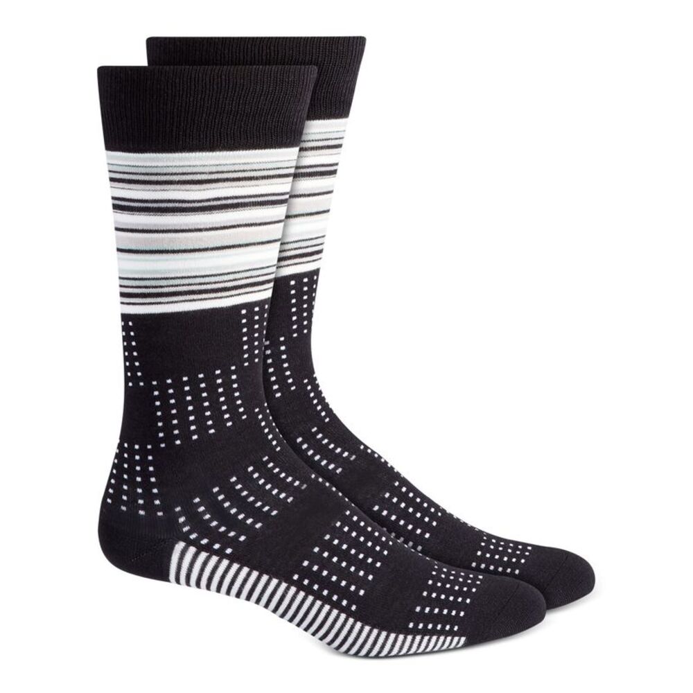 ALFATECH BY ALFANI Mens Black Striipe Dot Dress Crew Socks 7-12